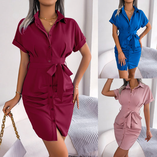 Women's Casual Solid Color Batwing Sleeve Waist-tight Folding Shirt Dress