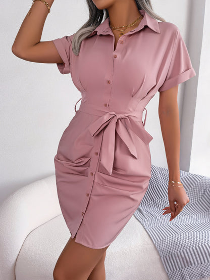 Women's Casual Solid Color Batwing Sleeve Waist-tight Folding Shirt Dress