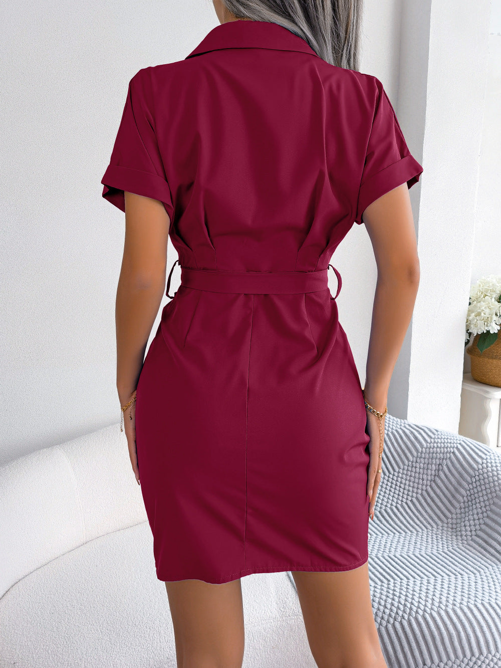 Women's Casual Solid Color Batwing Sleeve Waist-tight Folding Shirt Dress