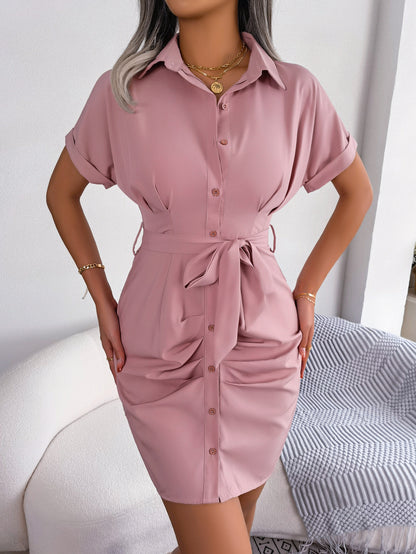 Women's Casual Solid Color Batwing Sleeve Waist-tight Folding Shirt Dress