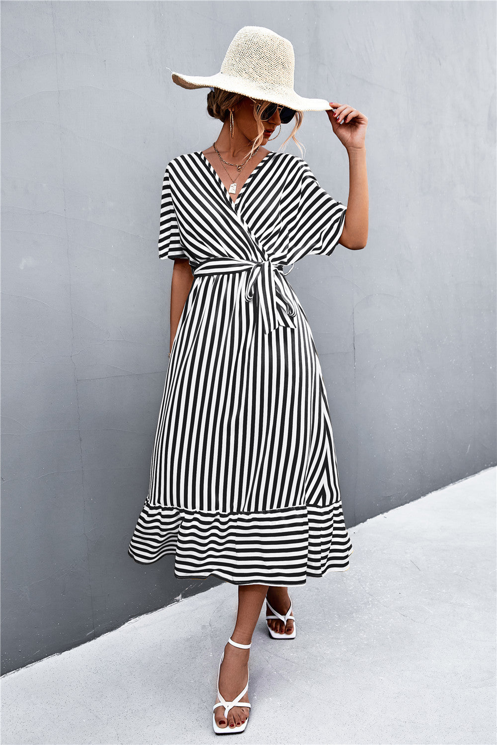 European And American Spring And Summer New Classic Hot Selling Product Cross V-neck Lace-up Striped Dress